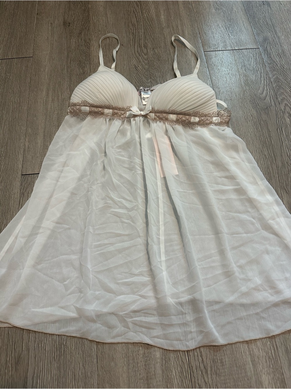 NWT Linea Donatella Sheer Babydoll Lingerie Ivory Lace Trim Chemise & Thong Sz L